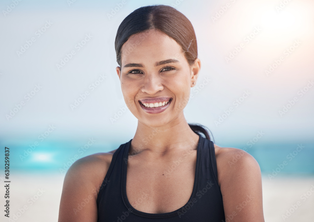 Happy woman, portrait and fitness on beach for workout, cardio exercise or outdoor training on mocku