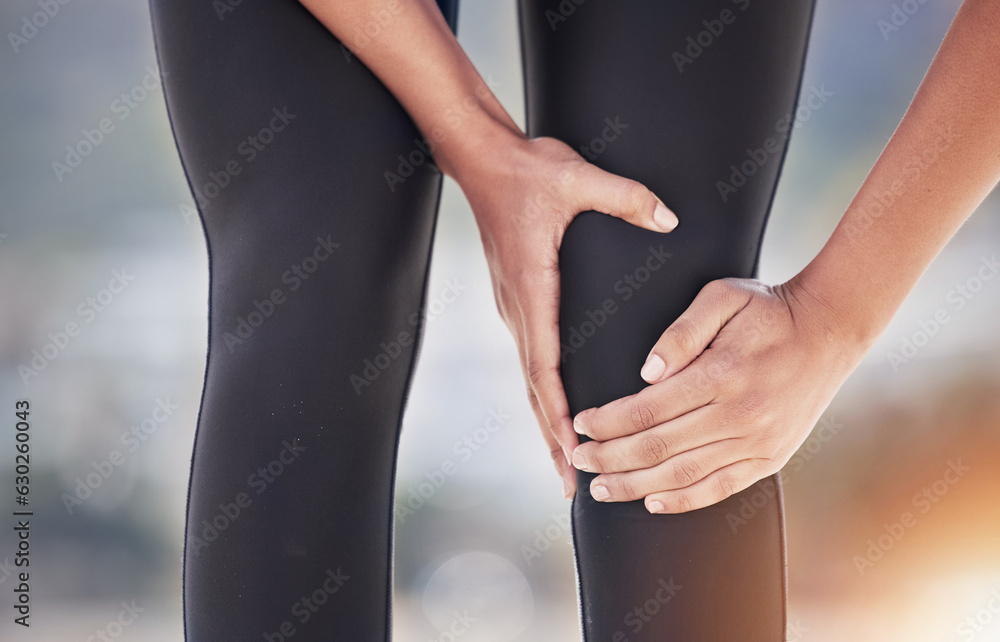 Closeup of sports person, knee pain and injury for fitness, first aid emergency and exercise health 