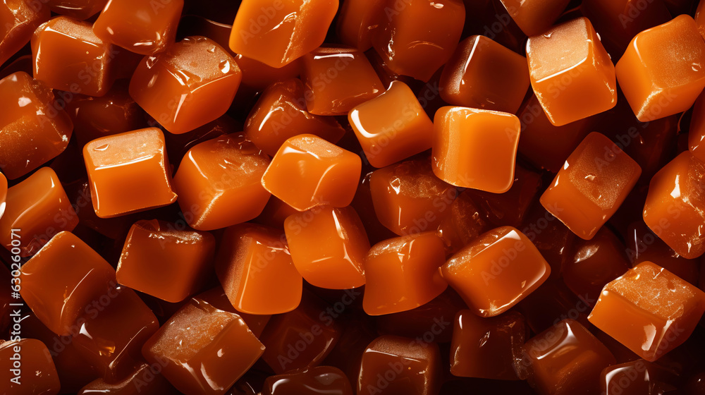 Toffee candy, caramel candies background. Sweet backdrop. Generative AI