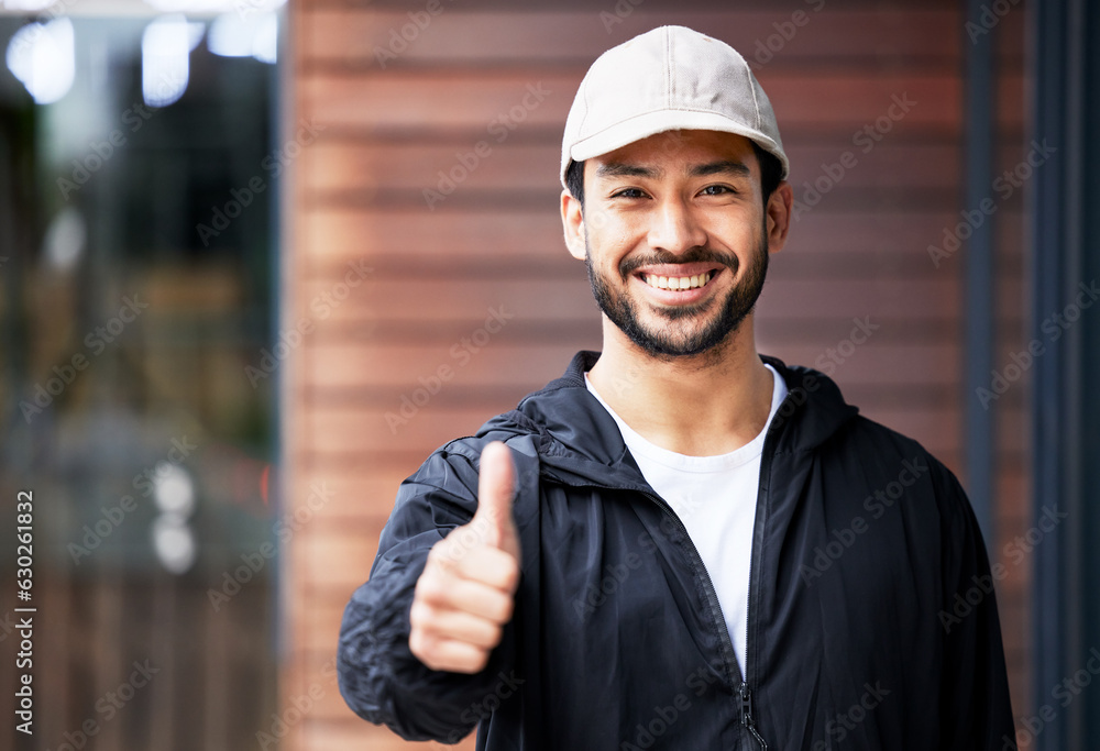 Portrait, asian man and courier with thumbs up outdoor for delivery, success and thank you with a sm