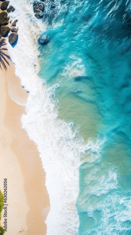 Aerial top view on sand ocean beach with palm trees. Summer vacation paradise concept. Vertical. Gen