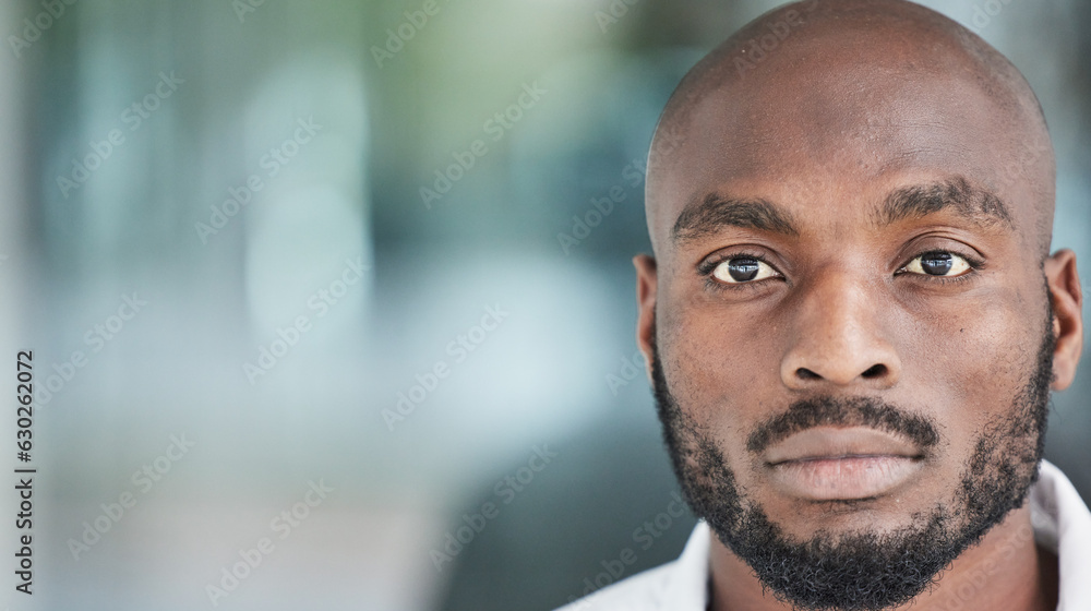 Business, travel and portrait of black man in a city with confidence, attitude and mindset on blurre