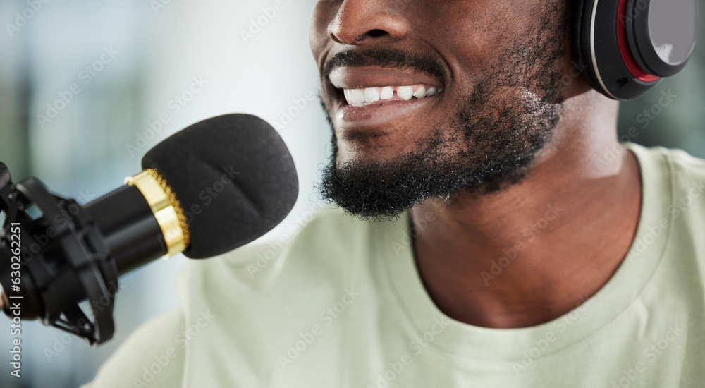 Microphone, headphones and man on podcast, closeup and media broadcast with web radio host. Live str