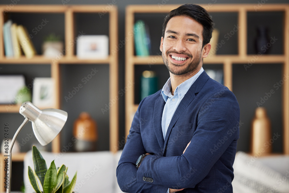 Smile, confidence and portrait of businessman with arms crossed in modern office, professional boss 