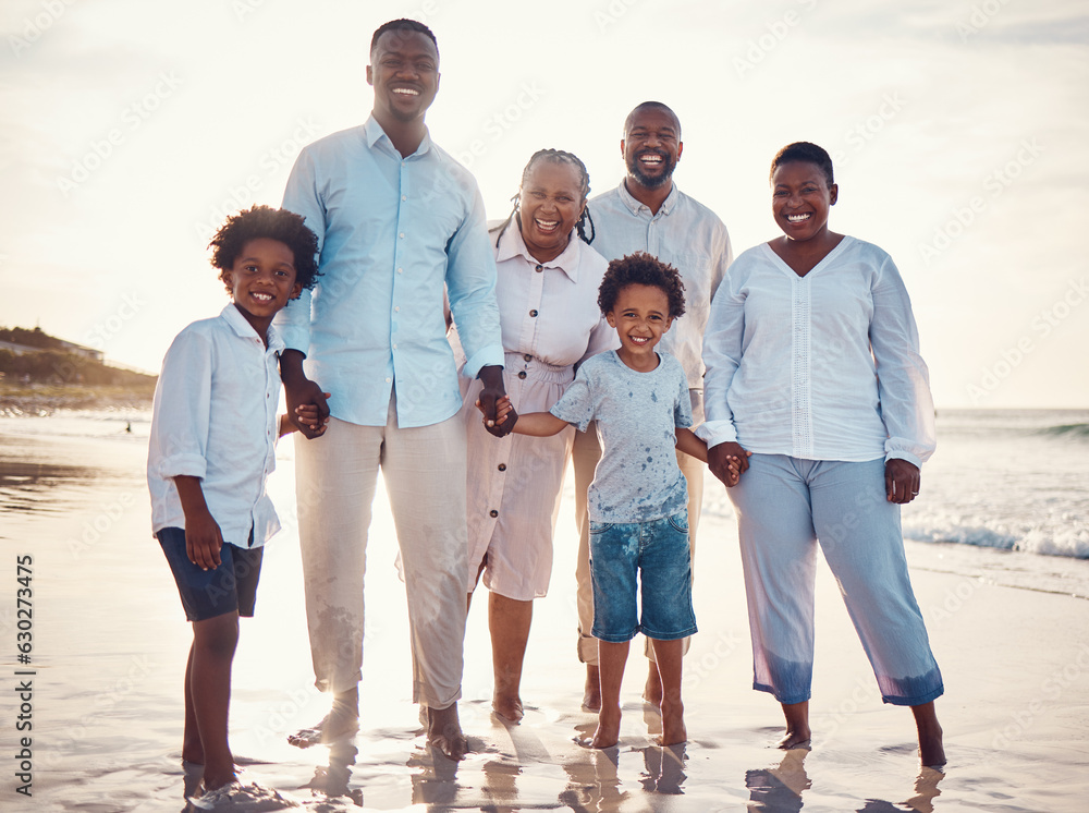 Happy, relax and portrait of black family at beach for travel, summer break and bonding on vacation.