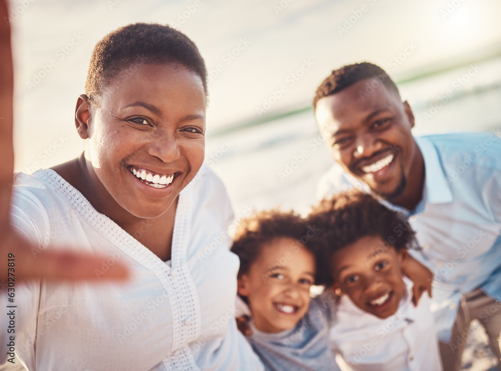 Selfie, beach and black family with smile, vacation and adventure for quality time, cheerful and rel