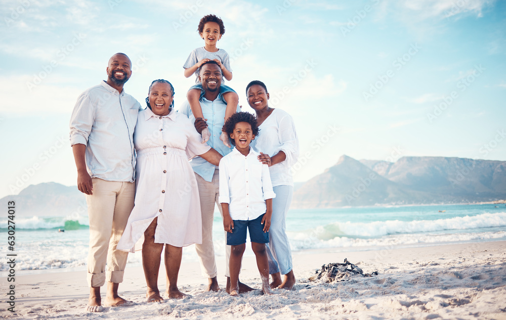 Happy, travel and portrait of black family at beach for smile, summer break and bonding on vacation.