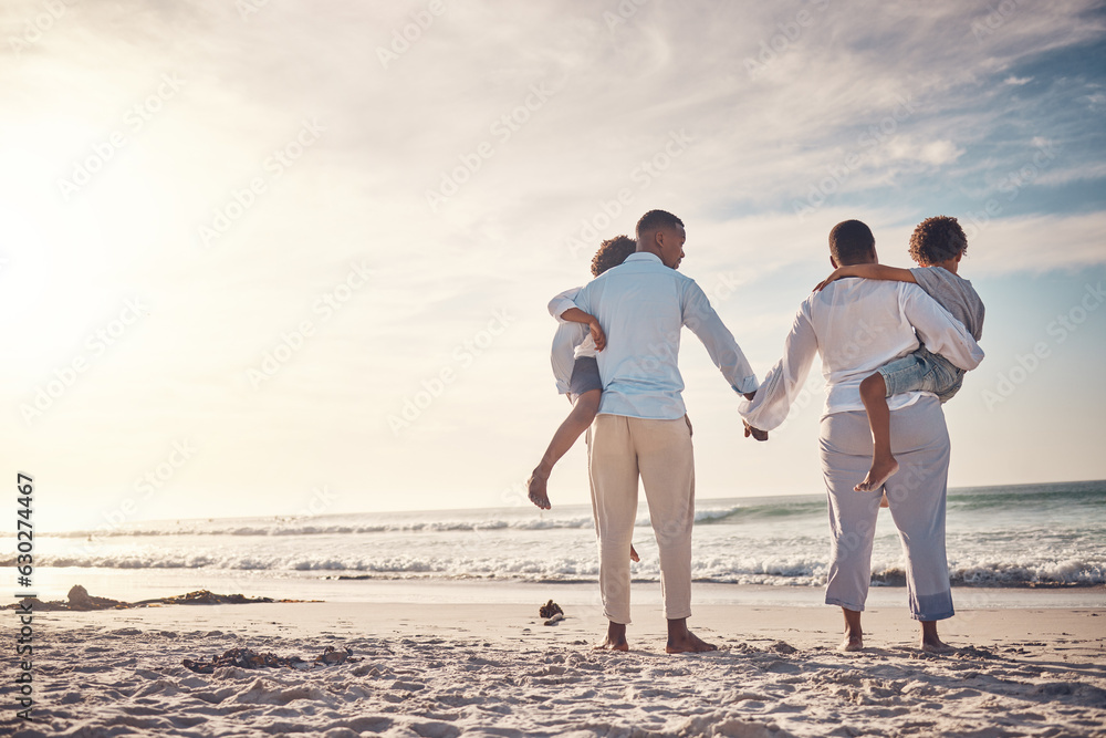 Back, black family and beach for vacation, support and quality time on break, mockup and summer. Lov