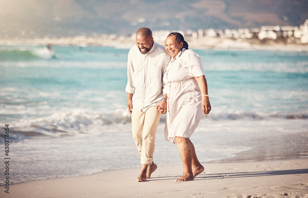 Love, hand holding and senior with black couple at beach and laugh on retirement, vacation and summe