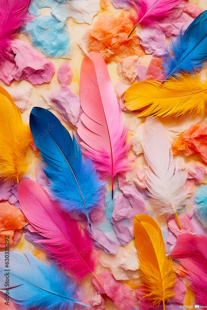 Group of colorful feathers laying on top of bed of colored paper.