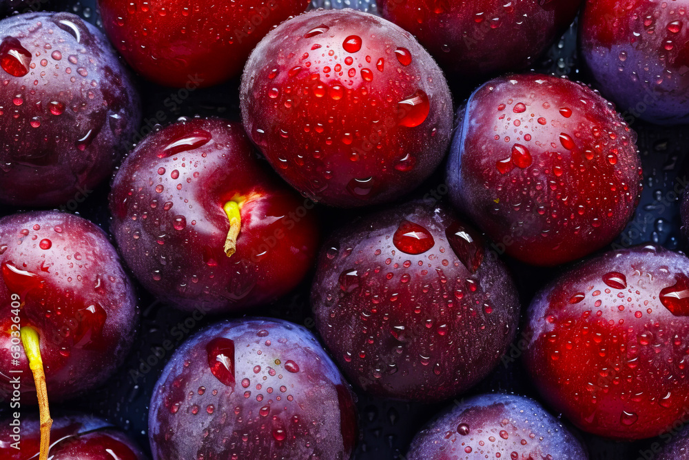 Bunch of plums with water droplets on them and yellow flower in the middle of the picture.