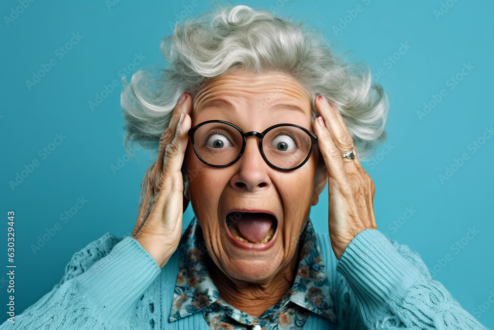 Older woman with glasses making surprised face with her hands on her head.