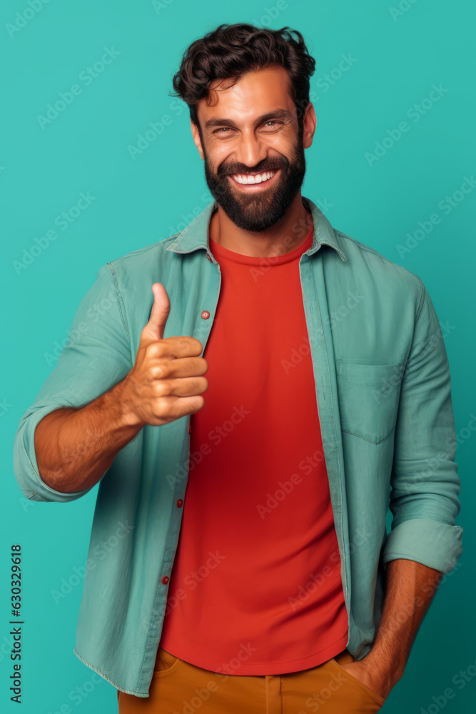 Man with beard giving thumbs up sign on blue background.