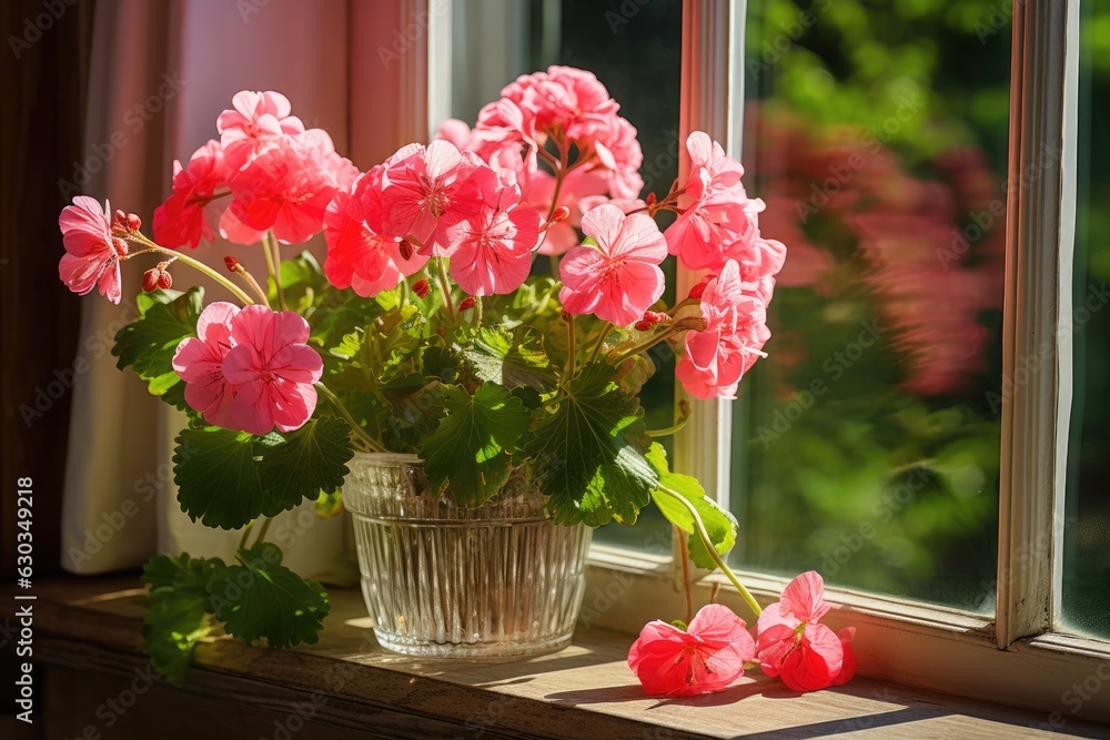 Different beautiful potted flowers on windowsill indoors