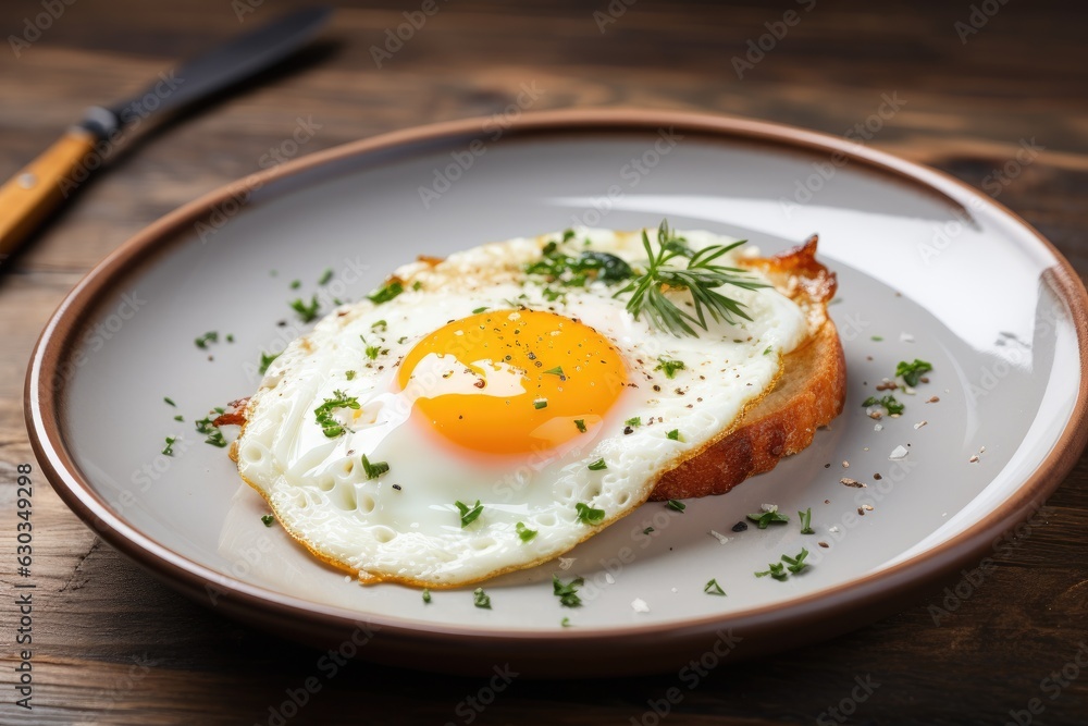 Fresh gourmet meal fried egg on plate.