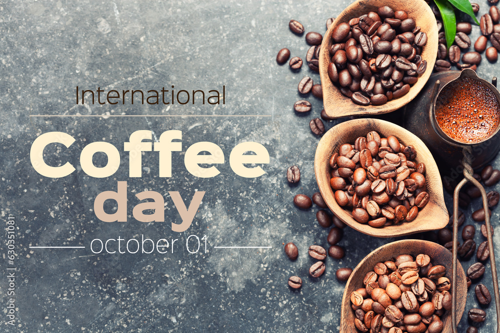 Fresh Coffee and coffee beans on dark background, international coffee day concept