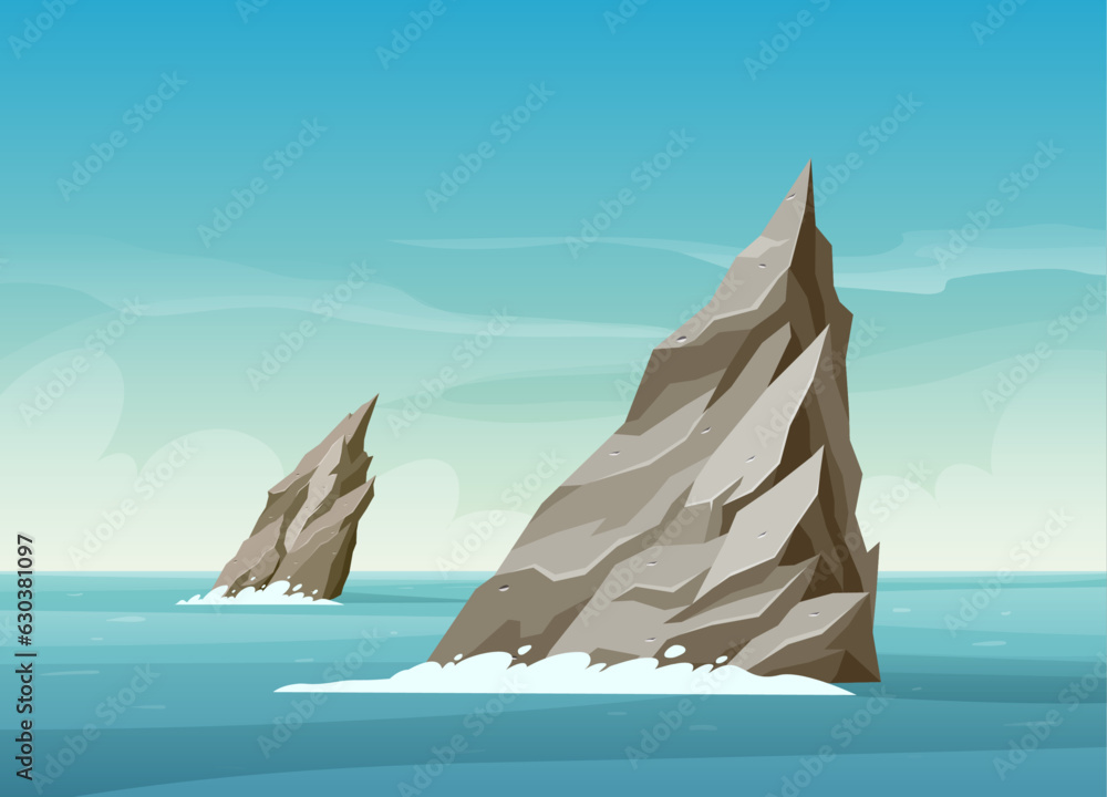 Landscape Illustration of A Sharp Rocks in The Middle of The Sea