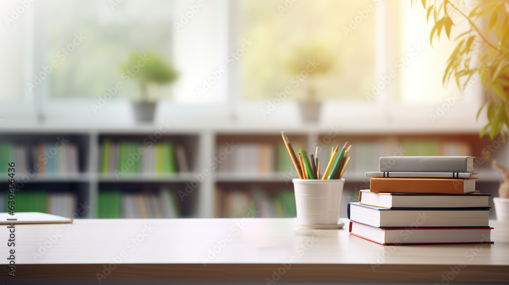 Stack of books and cantovars on wooden table and blurred bookshelf in library room, education, back 