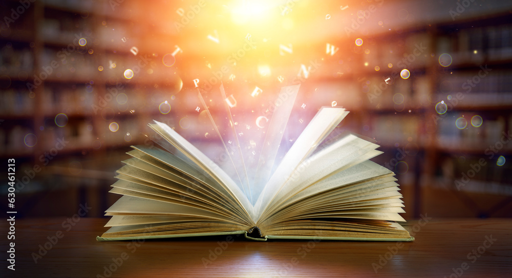 Book With Magic Lights And Bright Letters In Defocused Modern Library