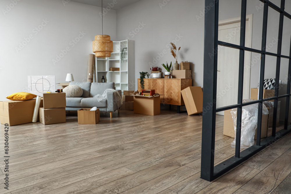 Cardboard boxes with things and sofa in living room on moving day