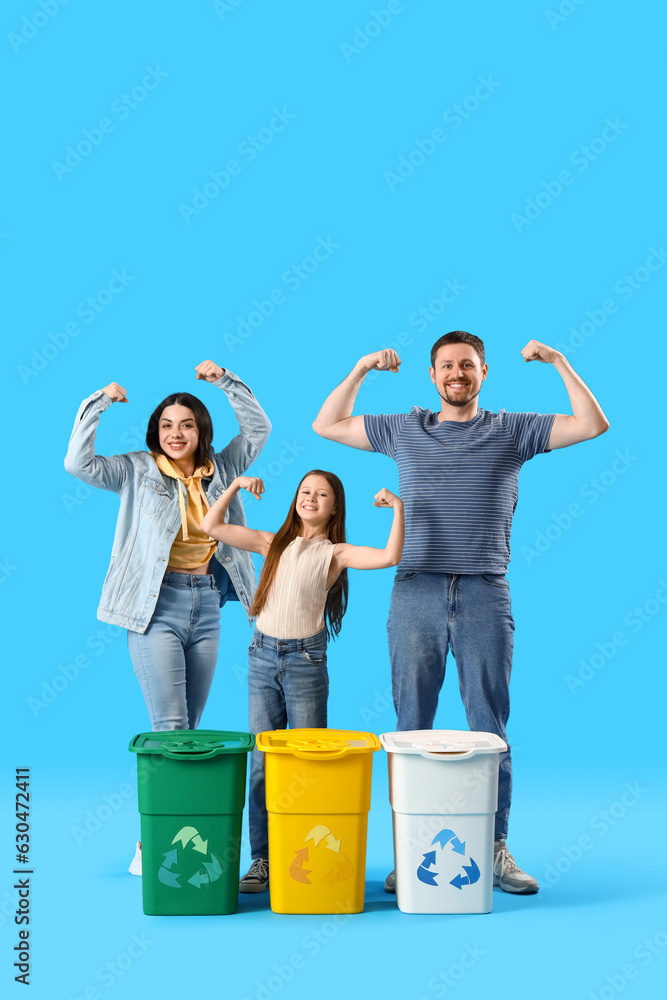 Family with recycle bins showing muscles on blue background