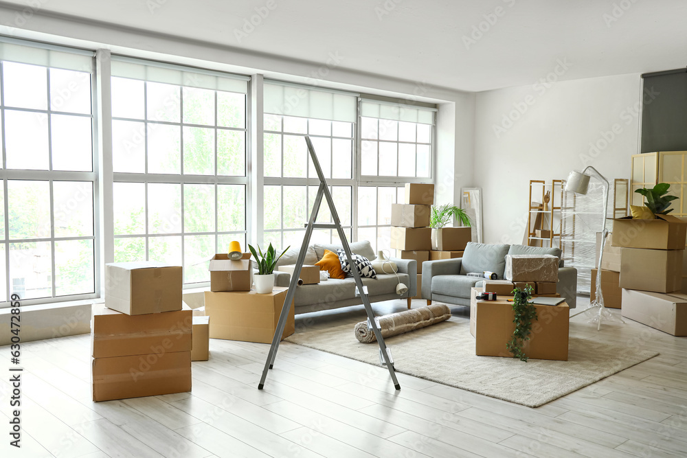 Sofas with stepladder and cardboard boxes in living room on moving day