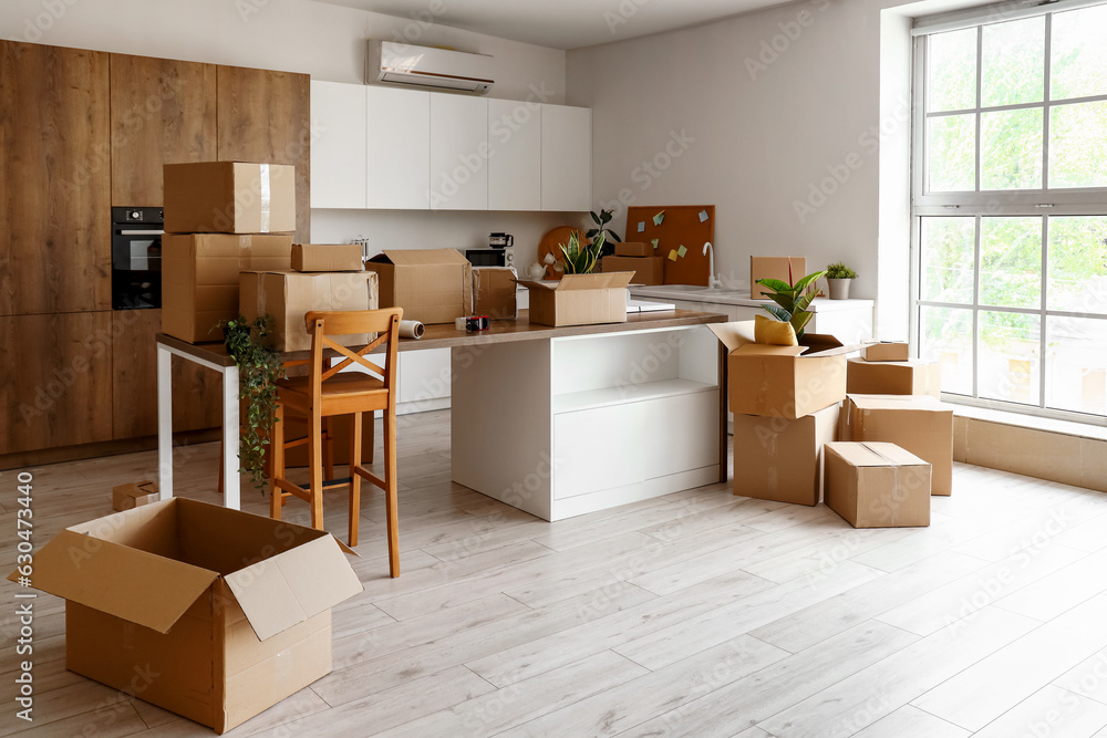 Counters with cardboard boxes in kitchen on moving day