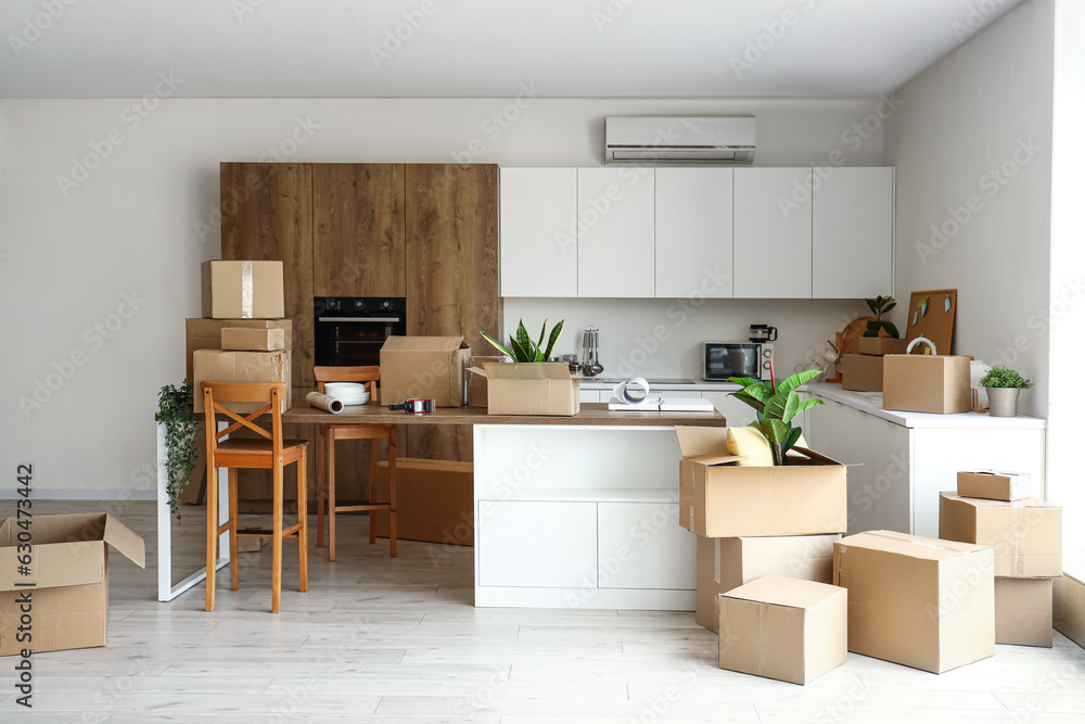 Counters with cardboard boxes in kitchen on moving day