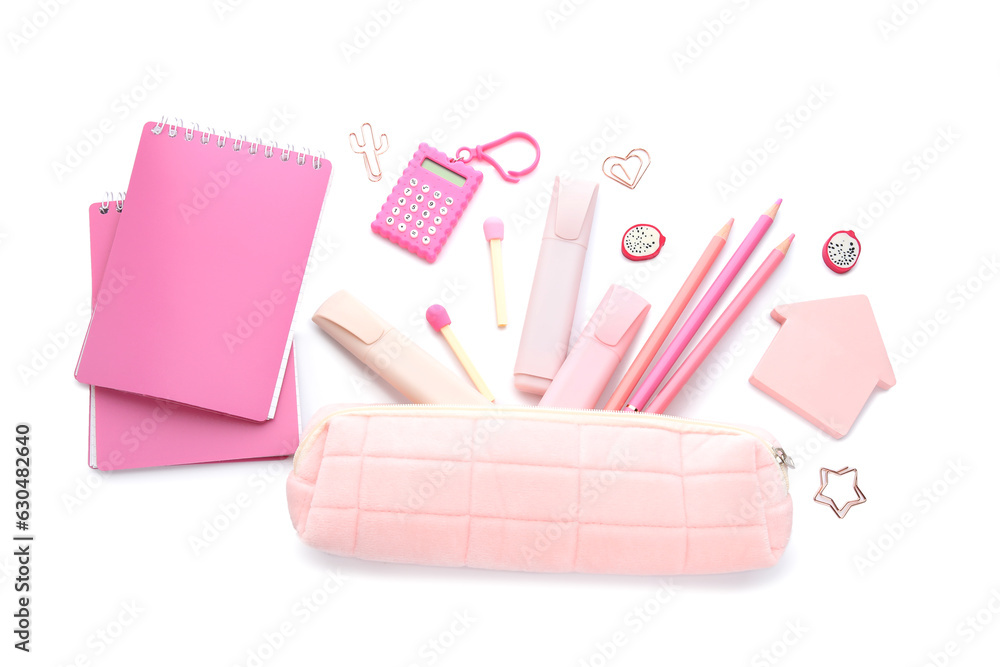 Notebooks and school stationery on white background