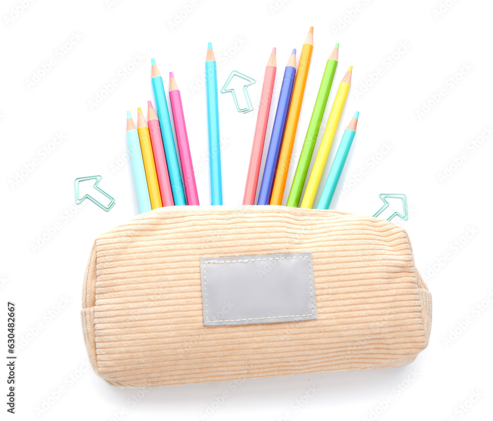 Pencil case with school stationery on white background