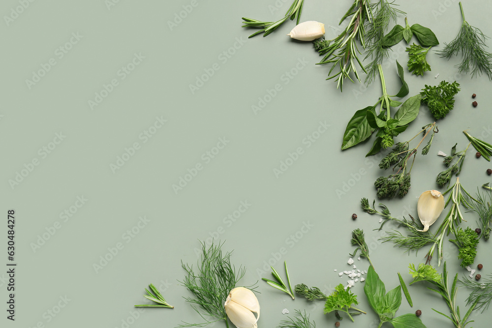 Composition with fresh herbs and spices on color background