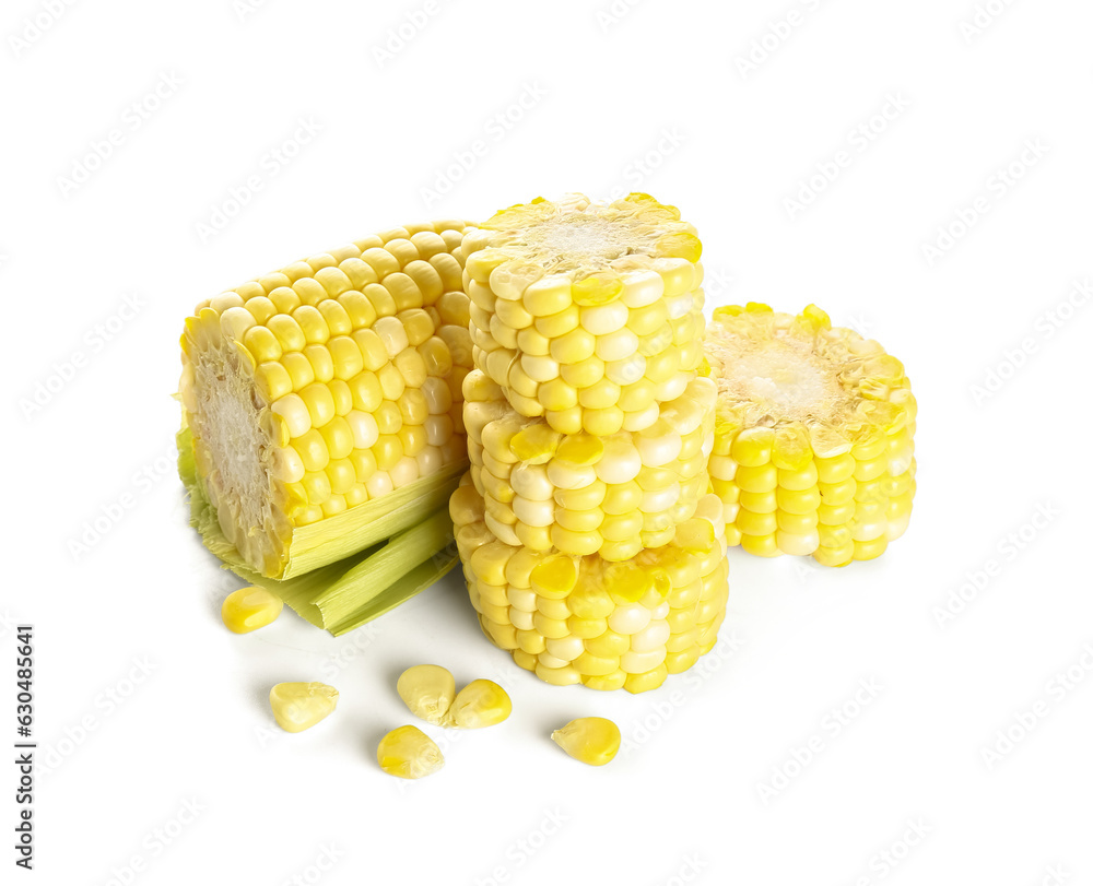 Cut fresh corn cob and seeds on white background