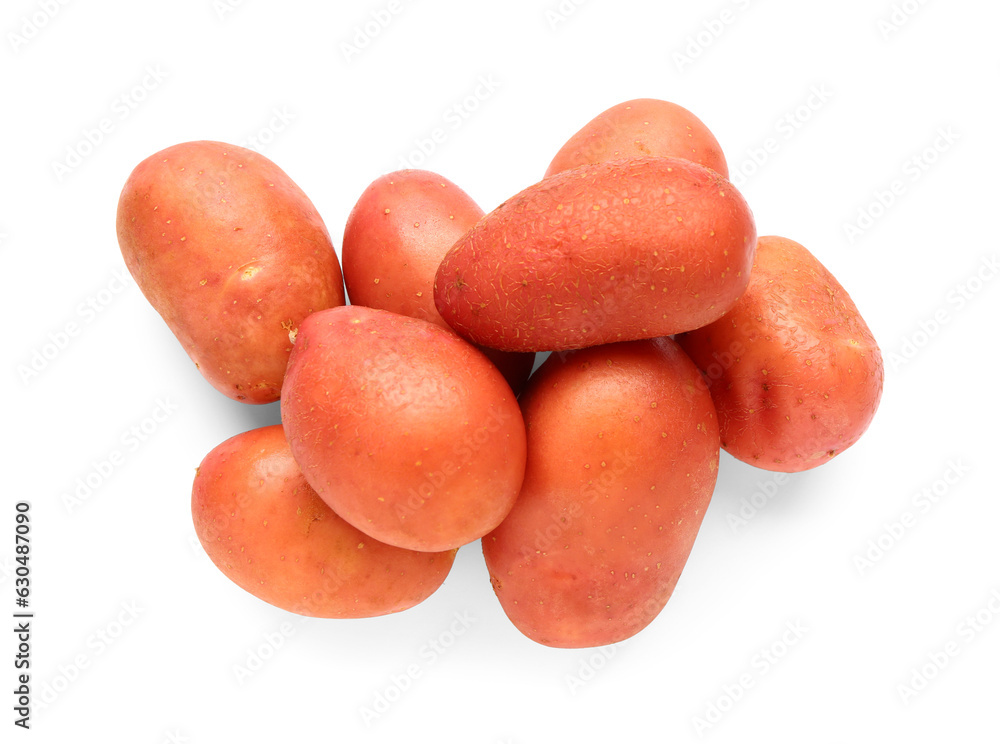 Heap of fresh raw potatoes on white background