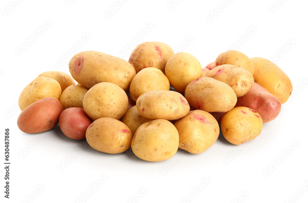 Heap of fresh raw potatoes on white background