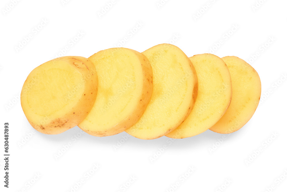 Slices of fresh raw potato on white background