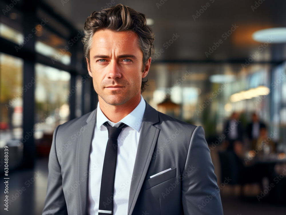 Portrait of a handsome businessman in a business suit looking at camera. Generative AI