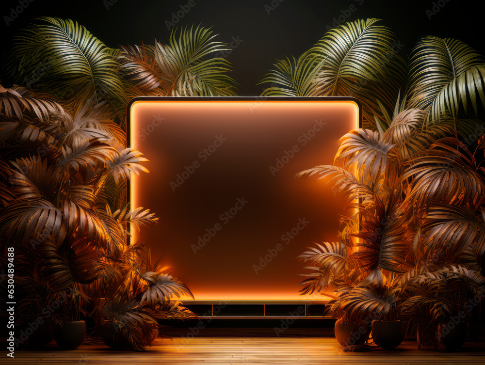 Lcd monitor with palm leaves on dark background. Generative AI