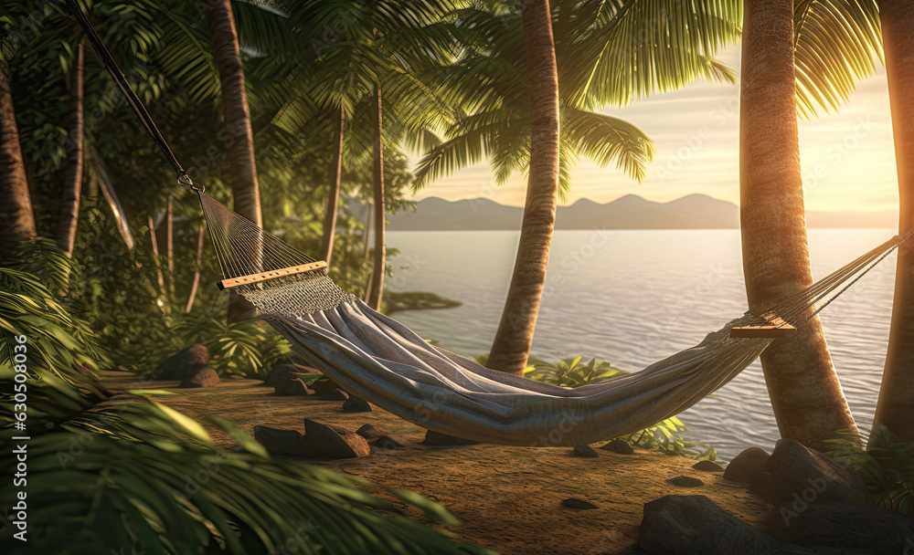 Hammock beetwin palm trees with beautiful view on the seashore beach at sunset.