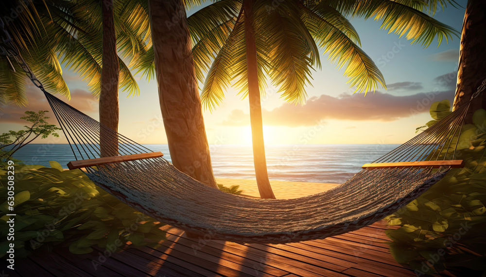 Hammock beetwin palm trees with beautiful view on the seashore beach at sunset.