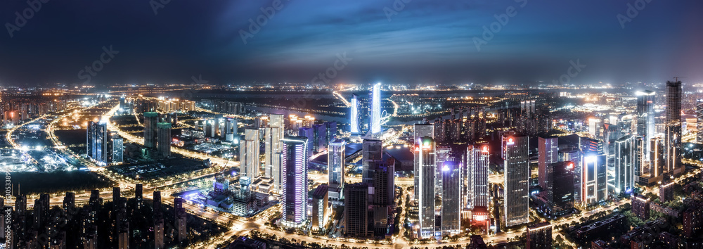 A large aerial photo of the night scene of Nanjing city