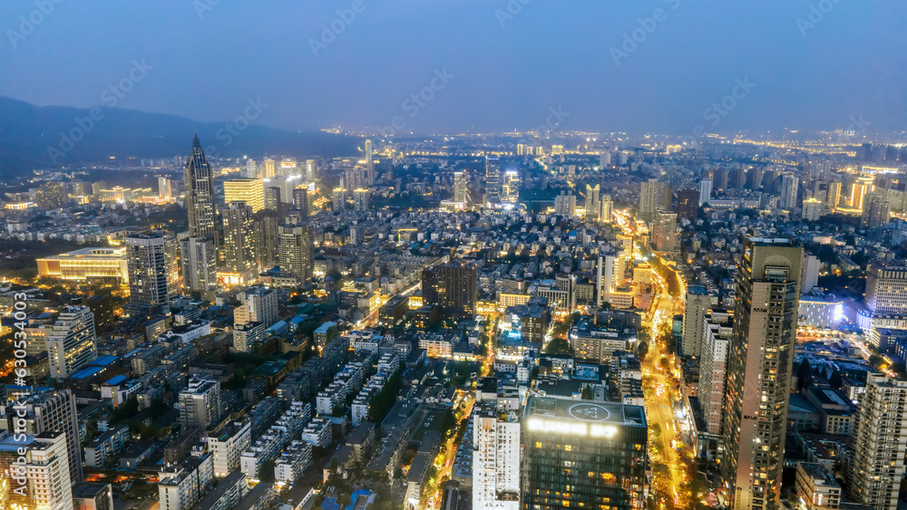 A large aerial photo of the night scene of Nanjing city..