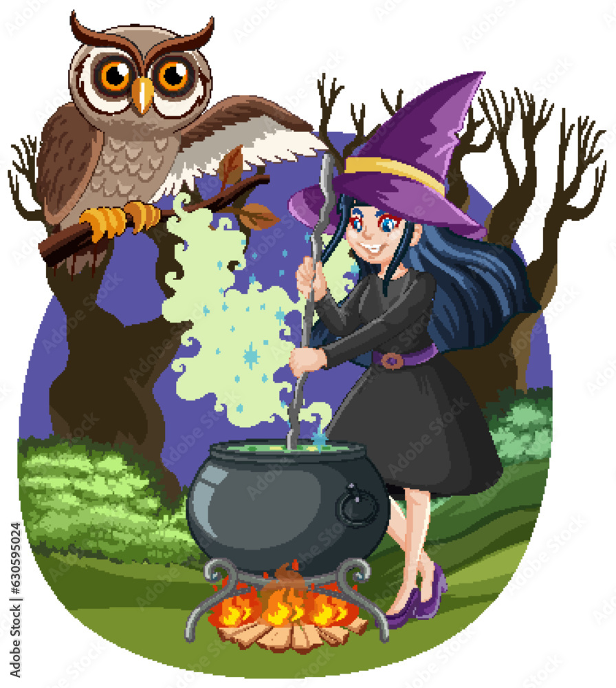 Witch Brewing Potion in Dark Forest