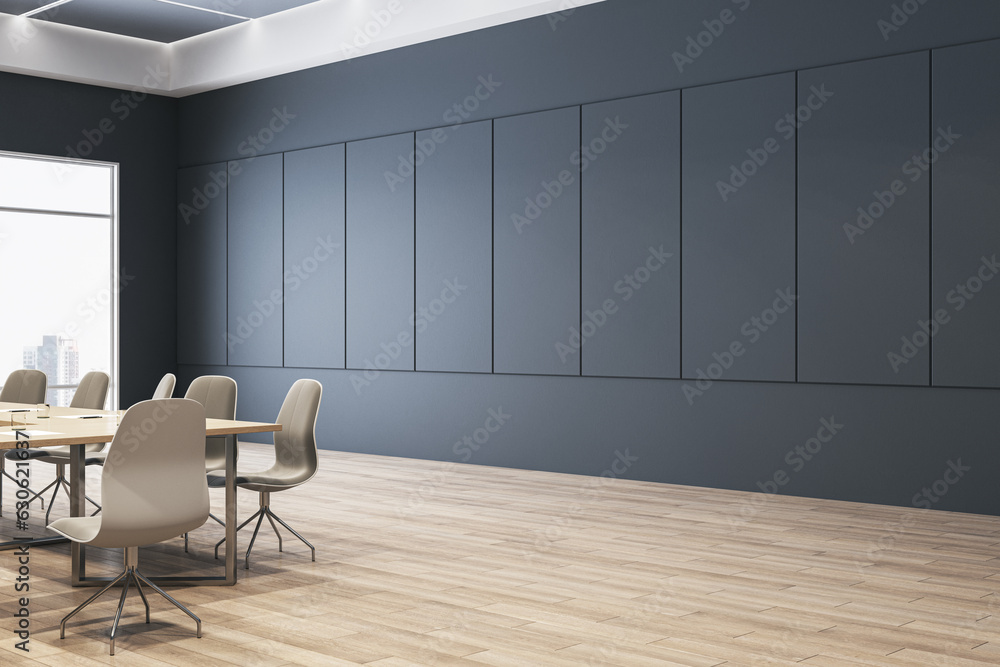 Loft meeting room interior with furniture and window with city view. 3D Rendering.