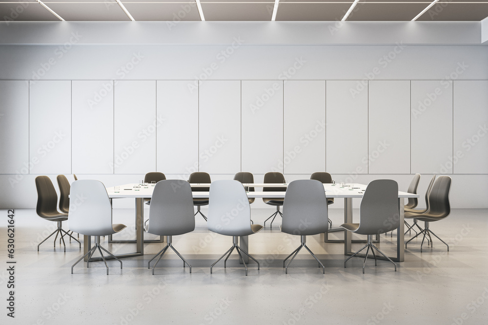 Modern concrete meeting room interior with furniture. 3D Rendering.