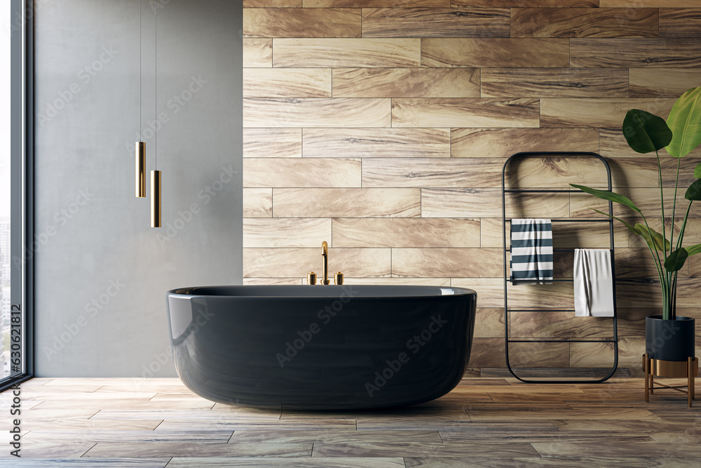 Modern wooden tile bathroom interior with bathtub, furniture panoramic window with city view. 3D Ren