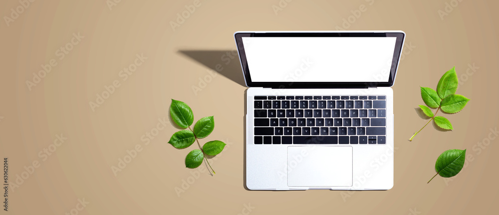 Laptop computer with green leaves - flat lay