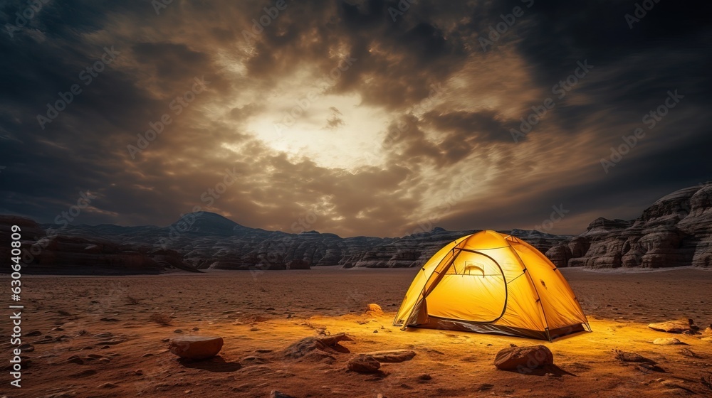 tent with yellow light inside, in the desert at night