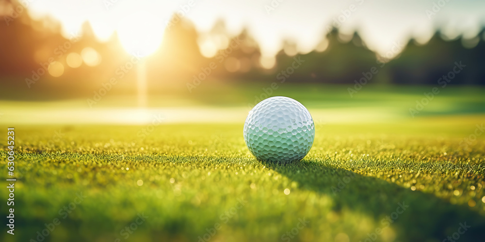 Close-up of golf ball on green grass of golf course, sunny day, blurred backdrop. Generative AI