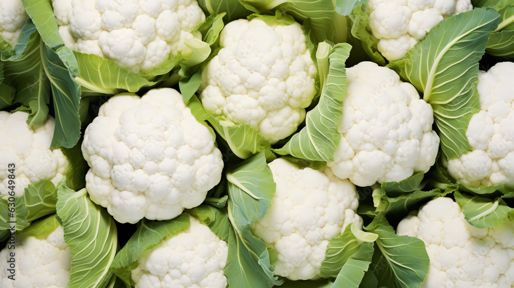 Fresh cauliflowers with water drops background. Vegetables backdrop. Generative AI