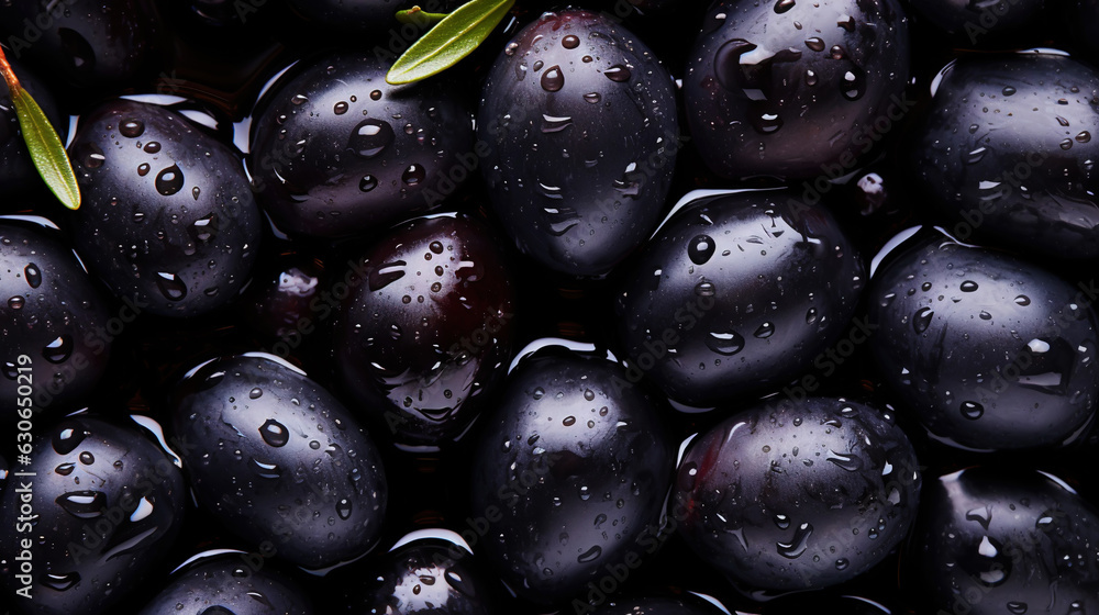 Black olives with leaves and water drops background. Vegetables backdrop. Generative AI